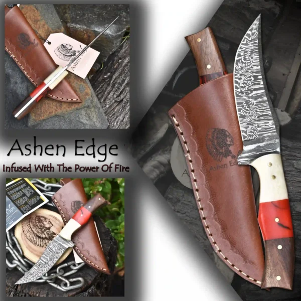 Resin sheet camel bone damascus skinner knife - Image 4