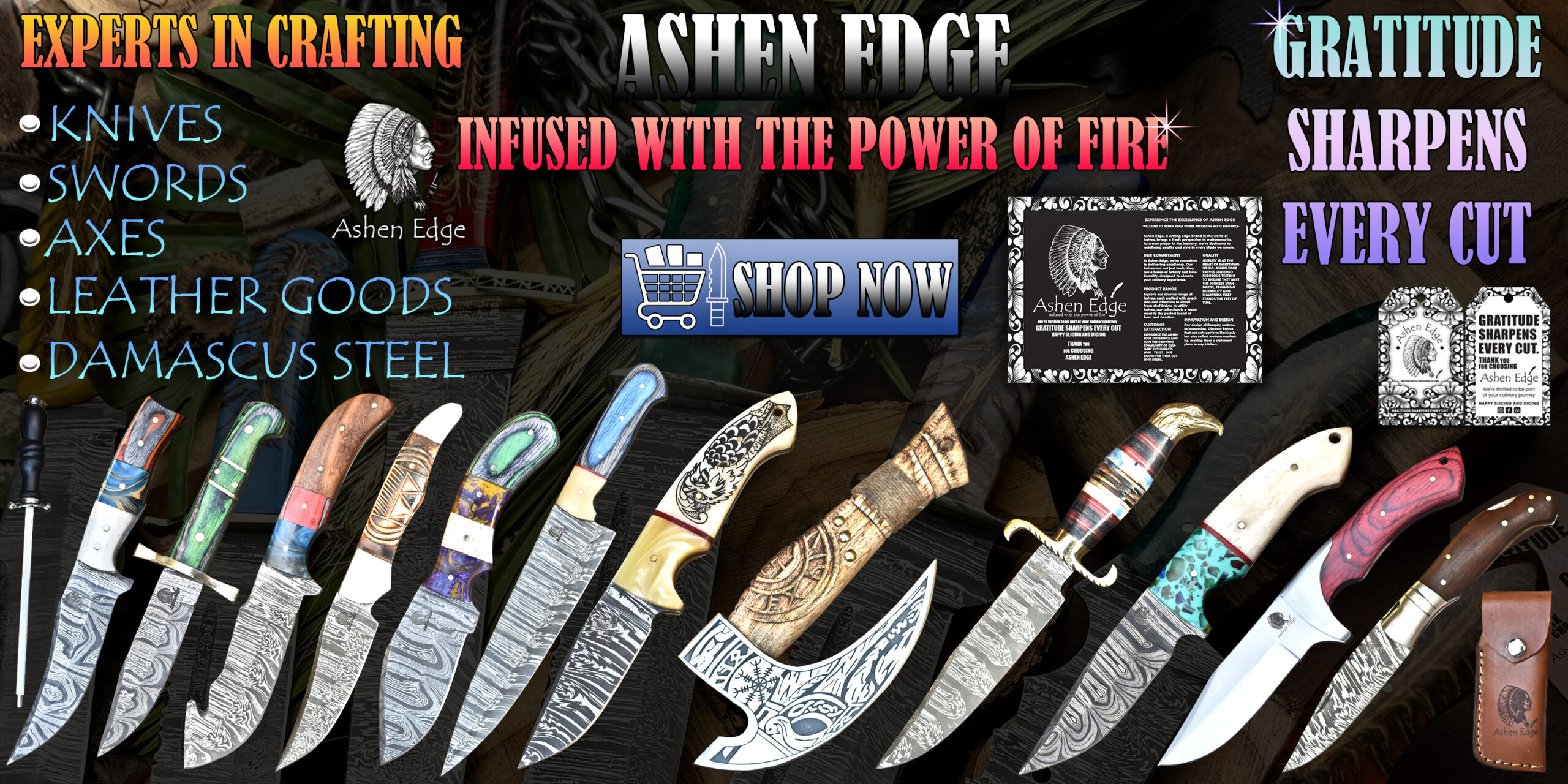Ashen Edge handmade Damascus and stainless steel knives, swords, axes, and leather goods with custom handles and engraved blades.