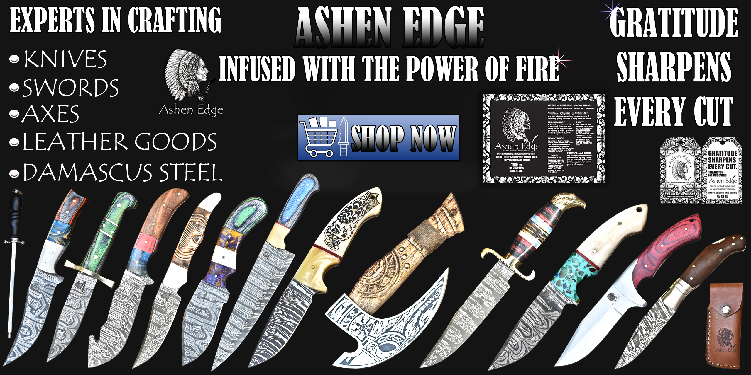 Ashen Edge handmade Damascus and stainless steel knives, swords, axes, and leather goods with custom handles and engraved blades.